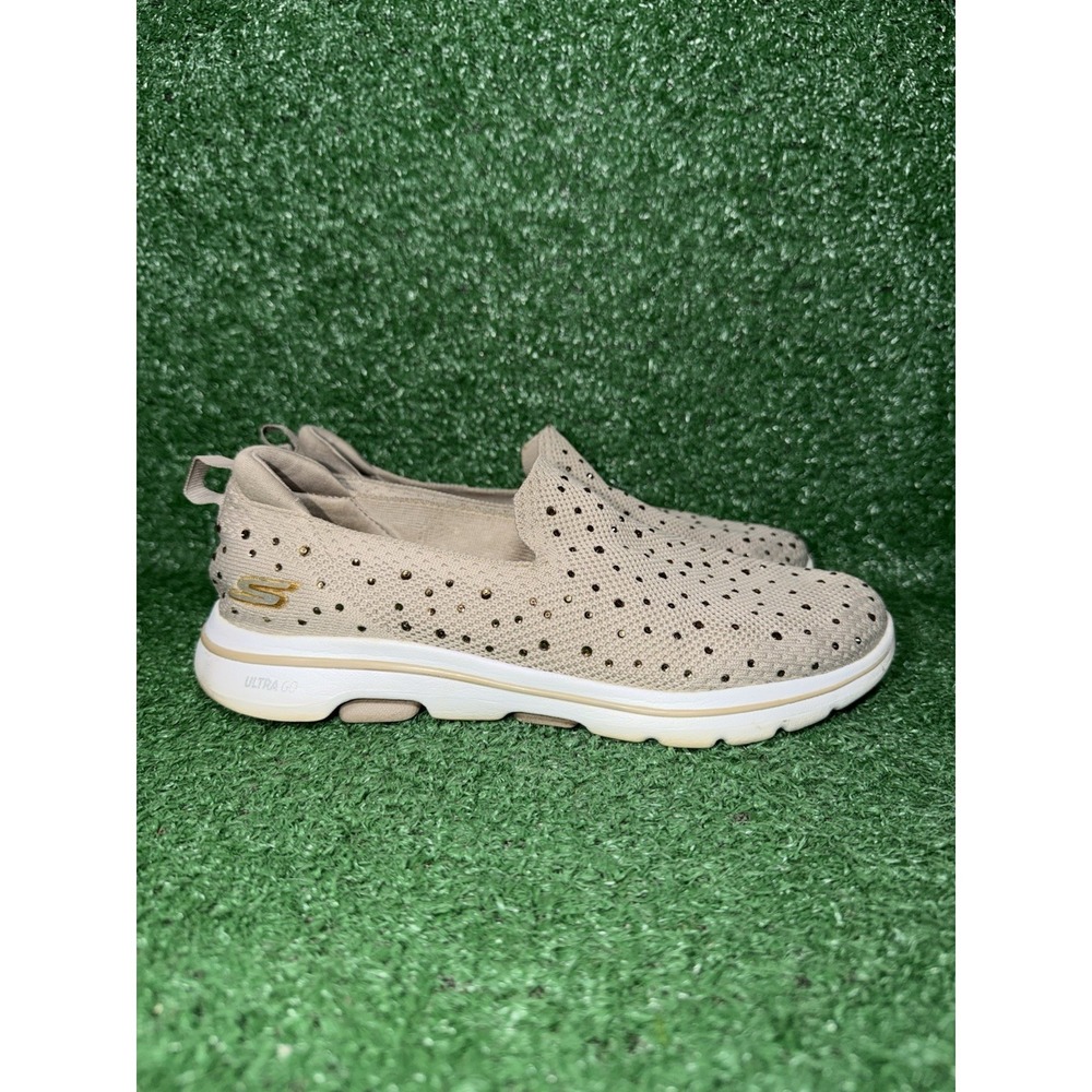 Skechers Womens 8 Go Walk 5 Limelight Slip On Shoes Taupe Rhinestone Sneakers